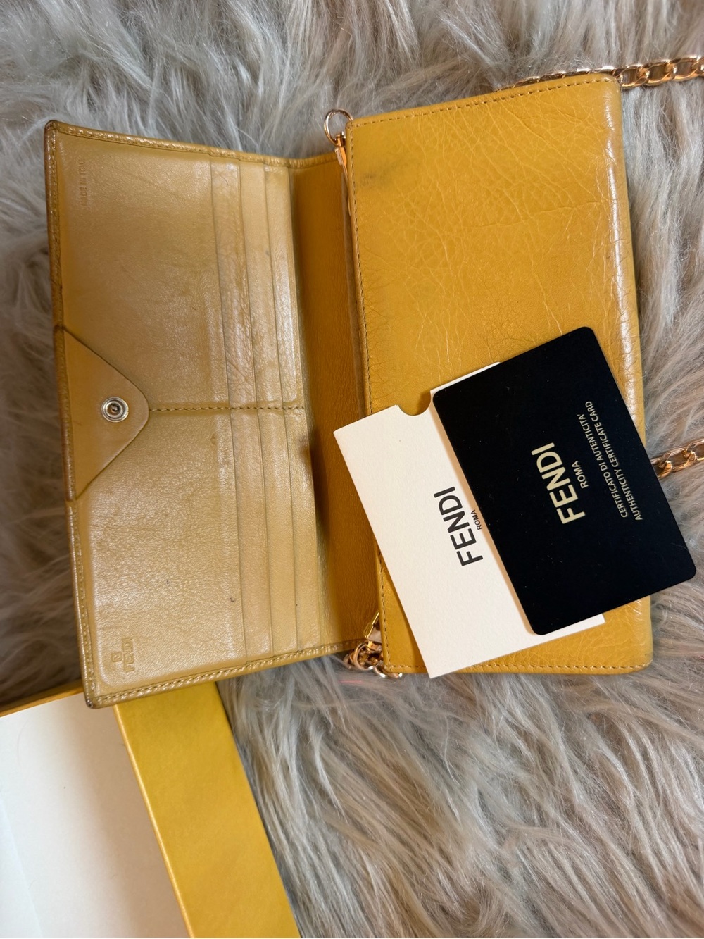 Fendi Mustard Yellow Leather Chain Wallet with Gold Hardware